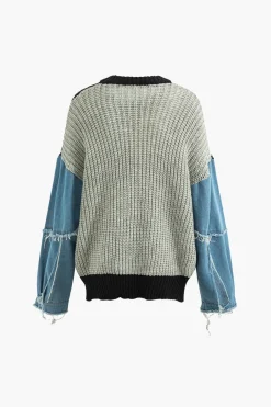 Contrast Denim Stitching Round Neck Sweater
