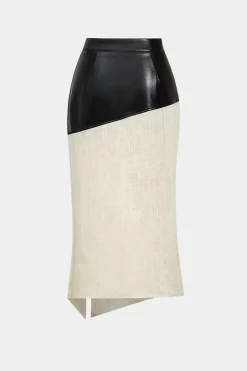 Contrast Faux Leather And Linen Slit Asymmetrical Skirt