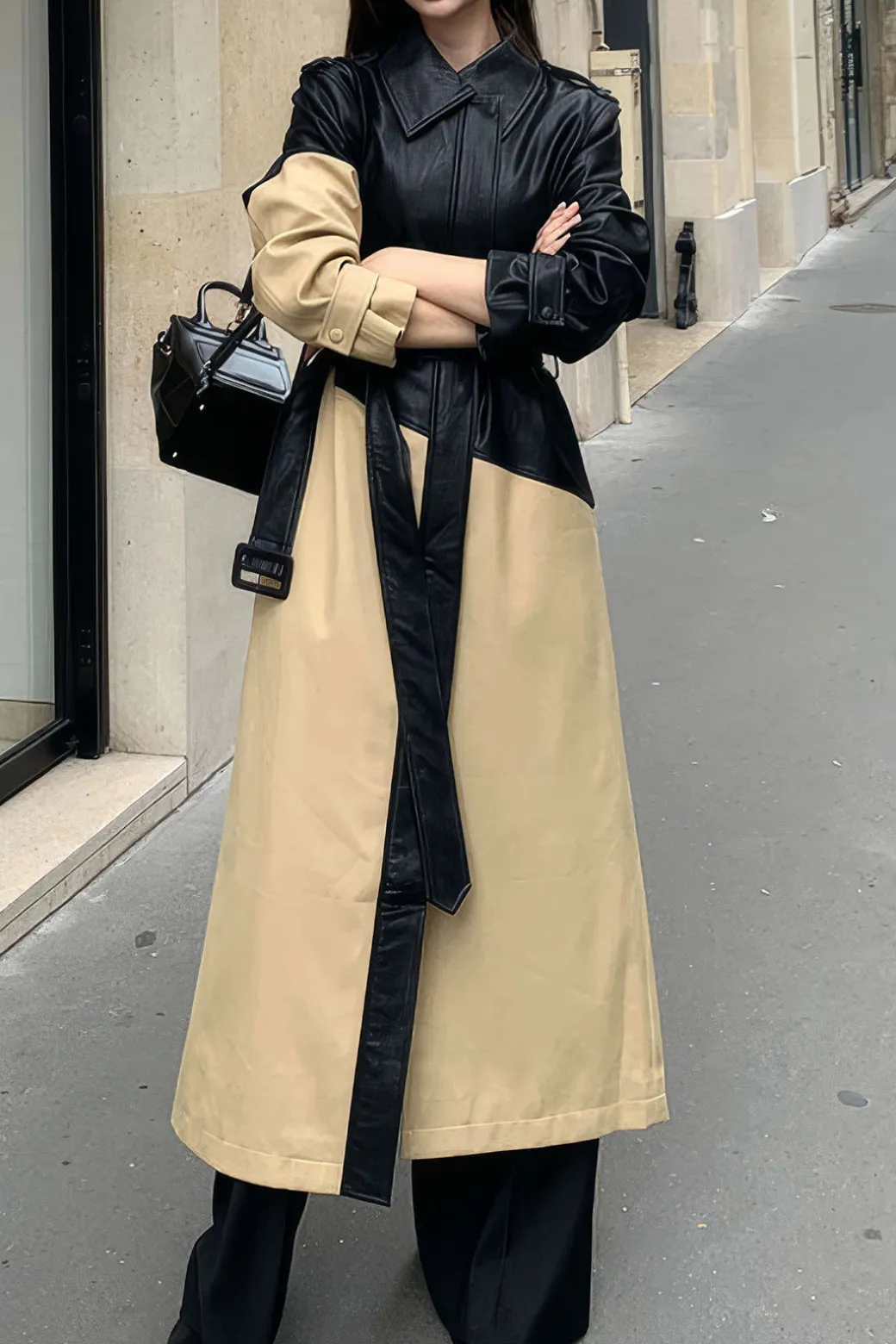 Contrast Faux Leather Patchwork Pocket Belted Coat