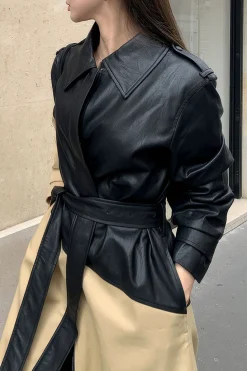 Contrast Faux Leather Patchwork Pocket Belted Coat