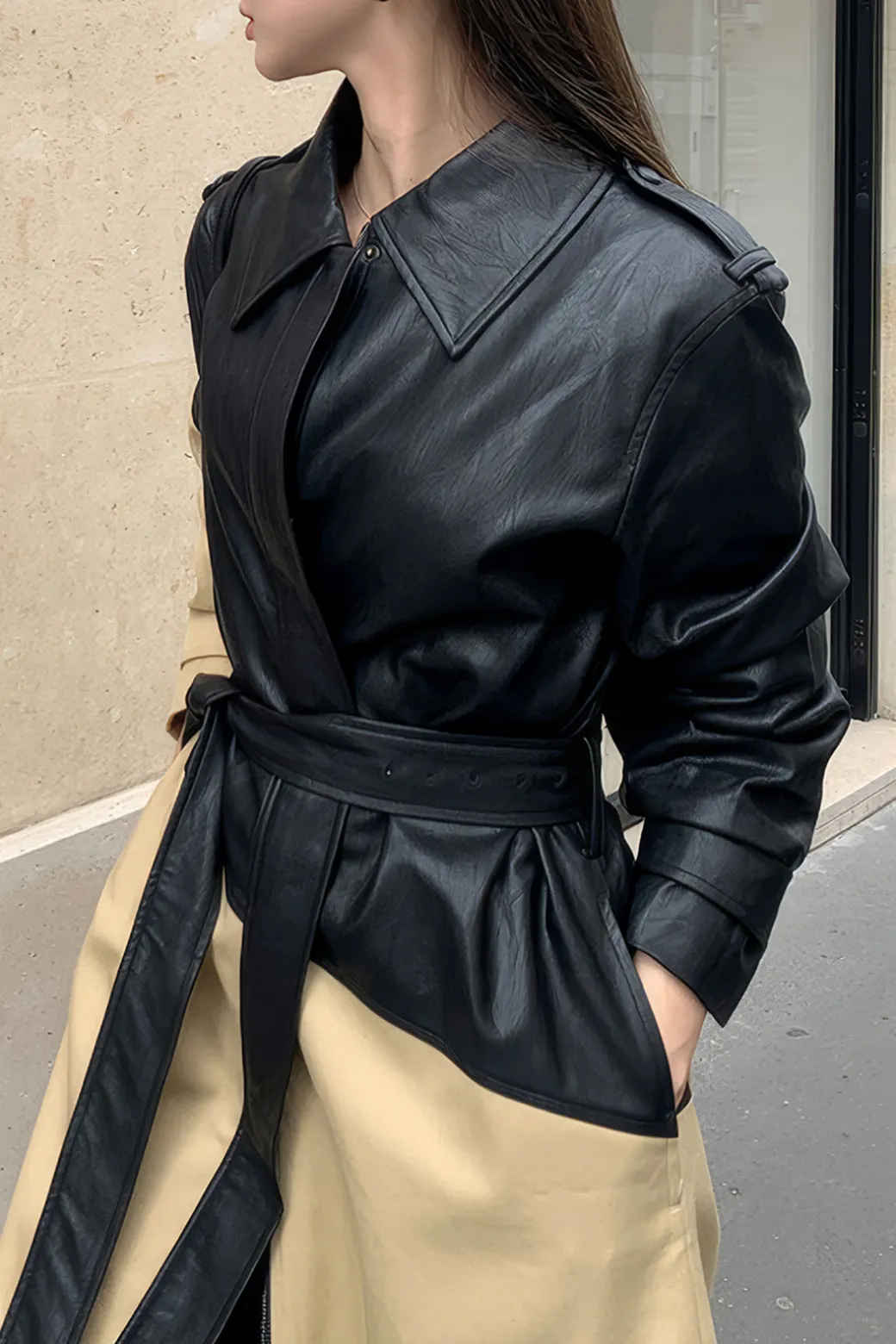 Contrast Faux Leather Patchwork Pocket Belted Coat