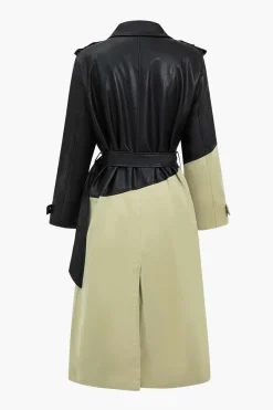 Contrast Faux Leather Patchwork Pocket Belted Coat