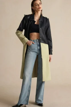 Contrast Faux Leather Patchwork Pocket Belted Coat