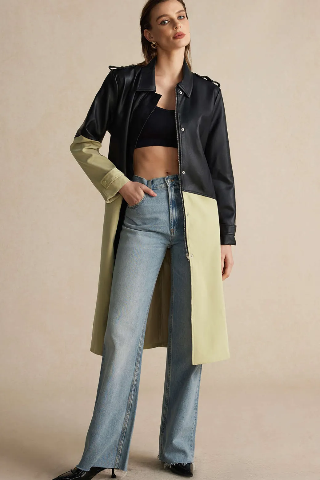 Contrast Faux Leather Patchwork Pocket Belted Coat