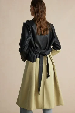 Contrast Faux Leather Patchwork Pocket Belted Coat