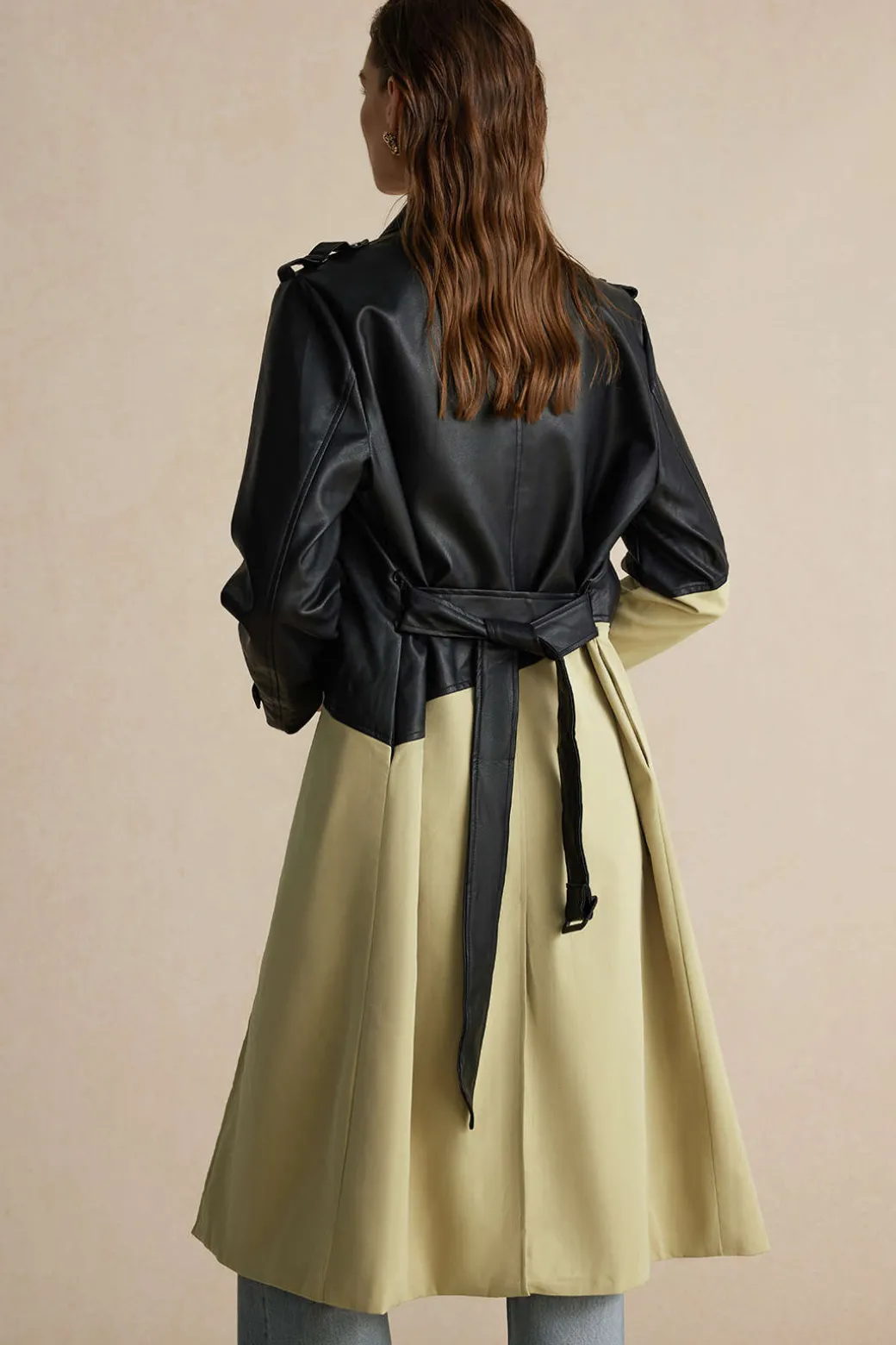 Contrast Faux Leather Patchwork Pocket Belted Coat