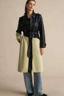 Contrast Faux Leather Patchwork Pocket Belted Coat