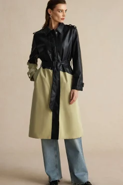 Contrast Faux Leather Patchwork Pocket Belted Coat