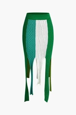 Contrast Fringe Hem Knit Midi Skirt