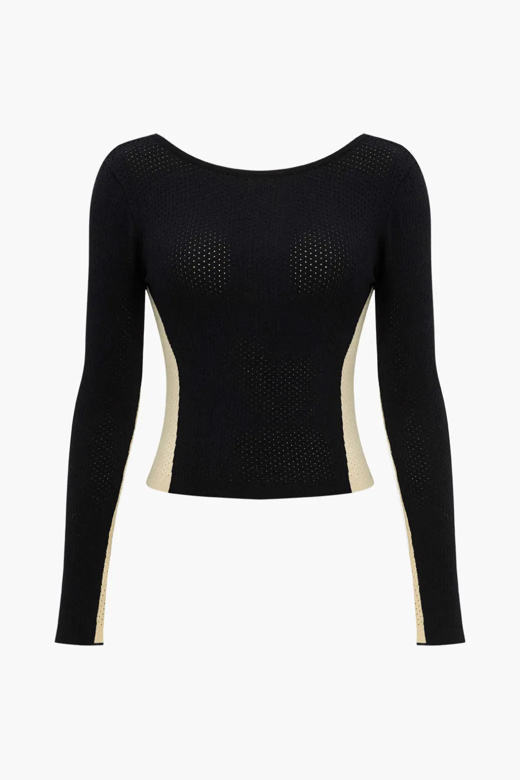 Contrast Knit Backless Patchwork Long-Sleeve Top