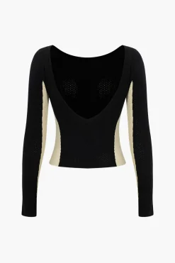 Contrast Knit Backless Patchwork Long-Sleeve Top