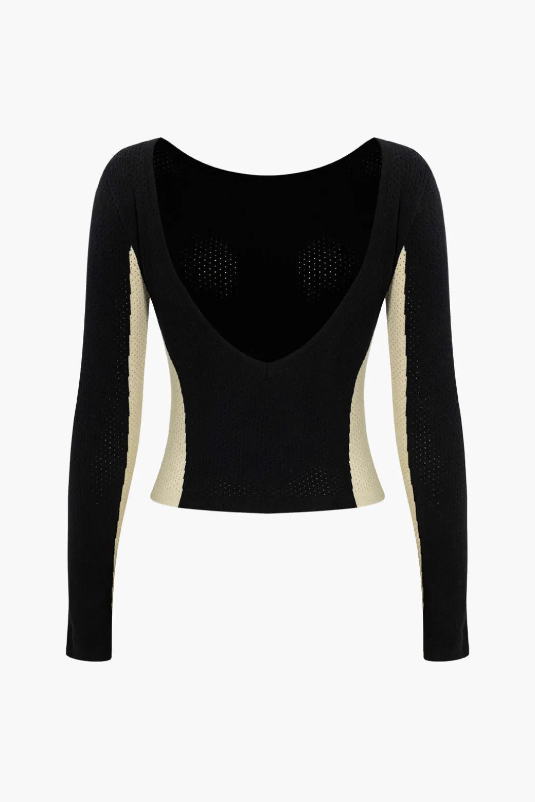 Contrast Knit Backless Patchwork Long-Sleeve Top