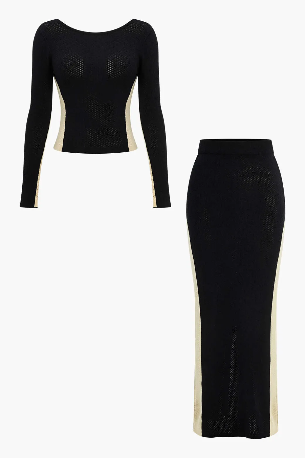 Contrast Knit Backless Patchwork Long-Sleeve Top