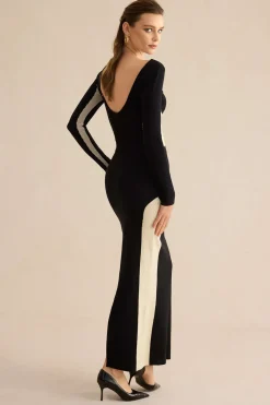 Contrast Knit Backless Patchwork Long-Sleeve Top