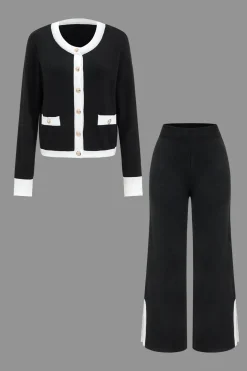Contrast Knit Button Patchwork Top And Pants Set