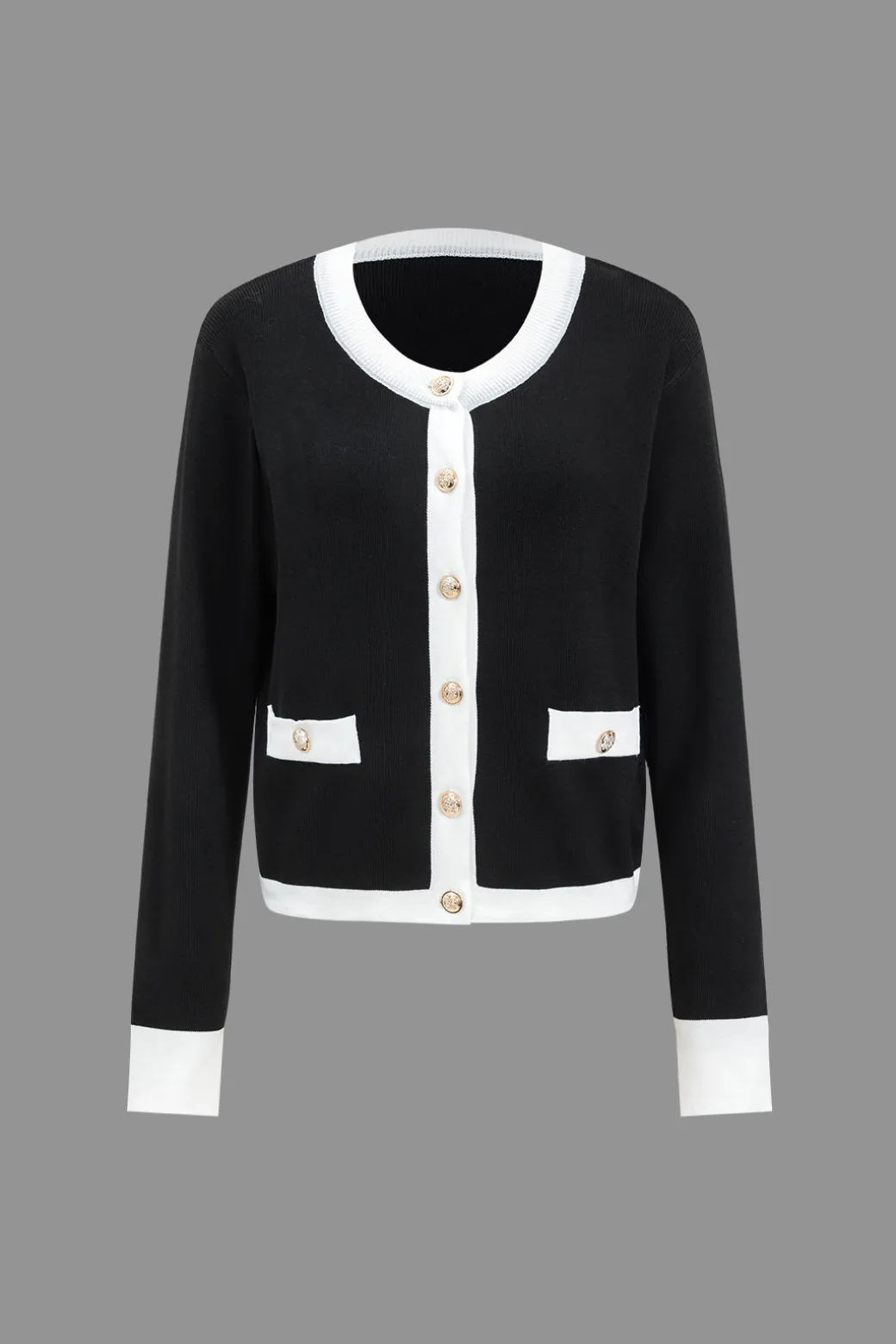 Contrast Knit Button Patchwork Top And Pants Set