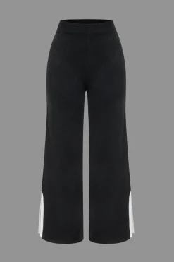 Contrast Knit Button Patchwork Top And Pants Set