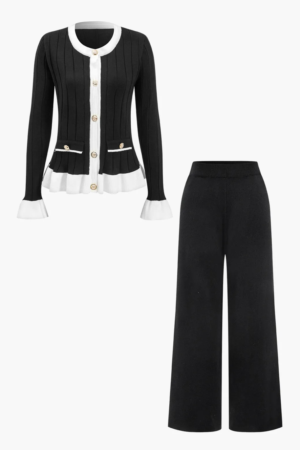 Contrast Knit Button Ruffle Top And Pants Set