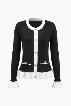 Contrast Knit Button Ruffle Top And Pants Set