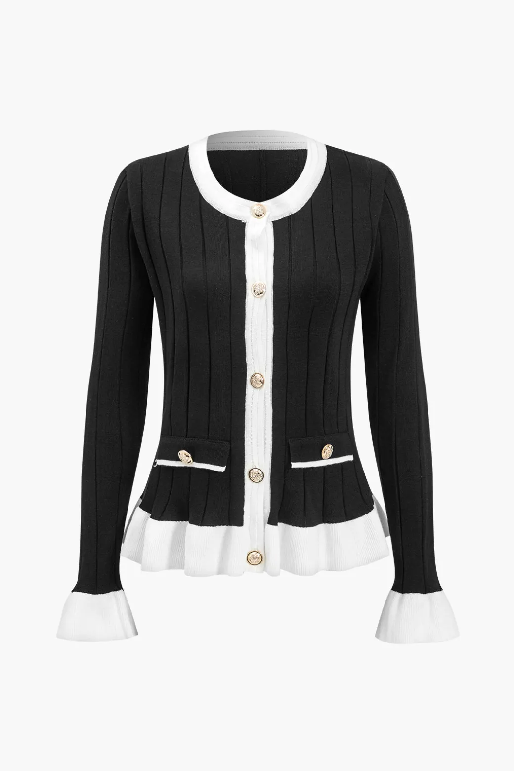 Contrast Knit Button Ruffle Top And Pants Set