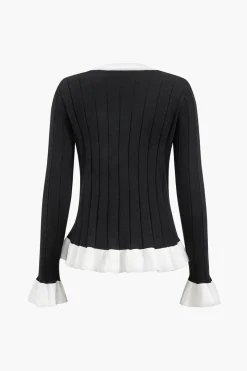 Contrast Knit Button Ruffle Top And Pants Set