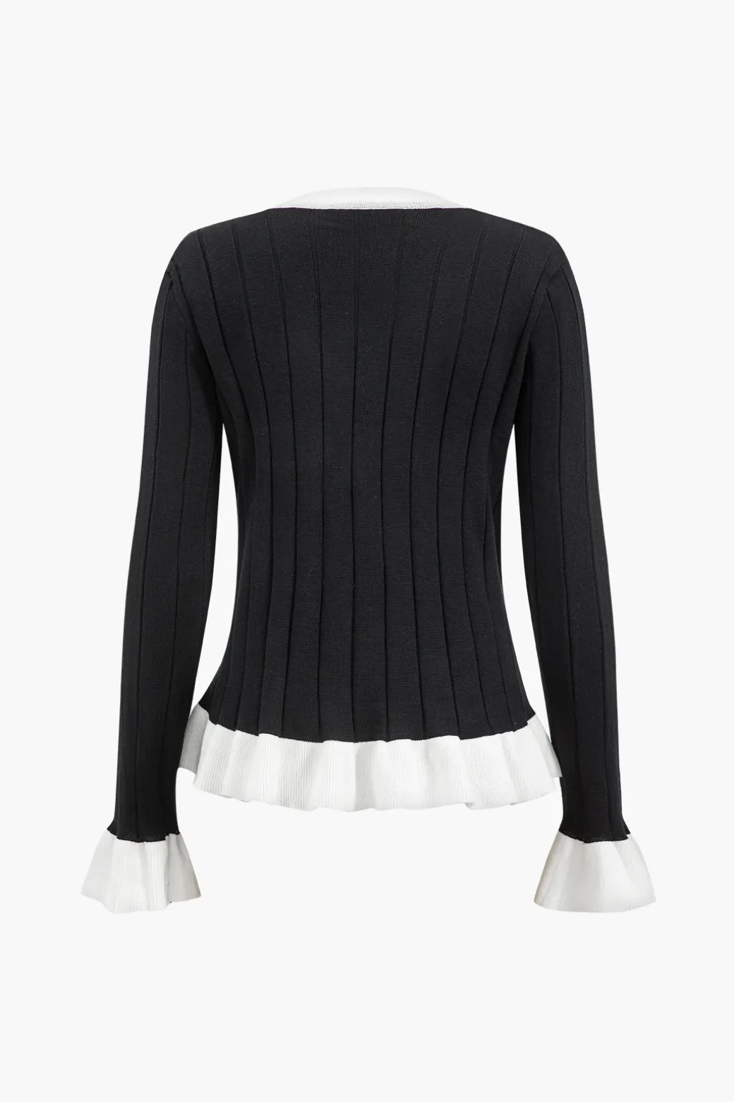 Contrast Knit Button Ruffle Top And Pants Set