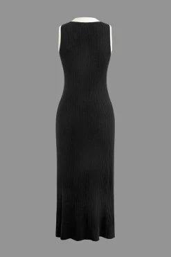 Contrast Knit Button Up Midi Dress