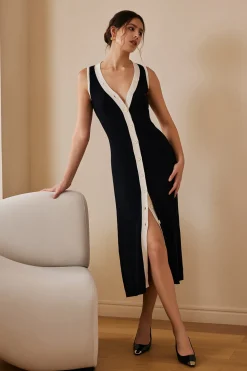 Contrast Knit Button Up Midi Dress