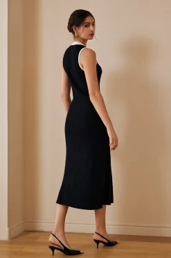 Contrast Knit Button Up Midi Dress
