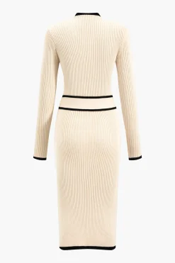 Contrast Knit Tie-Up Long Sleeve Dress