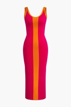 Contrast Knitted Slit Midi Dress