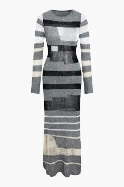 Contrast Long Sleeve Round Neck Open Knit Maxi Dress