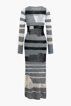 Contrast Long Sleeve Round Neck Open Knit Maxi Dress