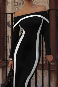 Contrast Off Shoulder Long Sleeve Maxi Dress