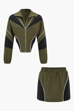 Contrast Patchwork Zipper Long-Sleeve Top And Skirt Set