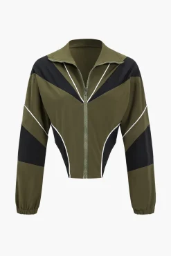 Contrast Patchwork Zipper Long-Sleeve Top And Skirt Set