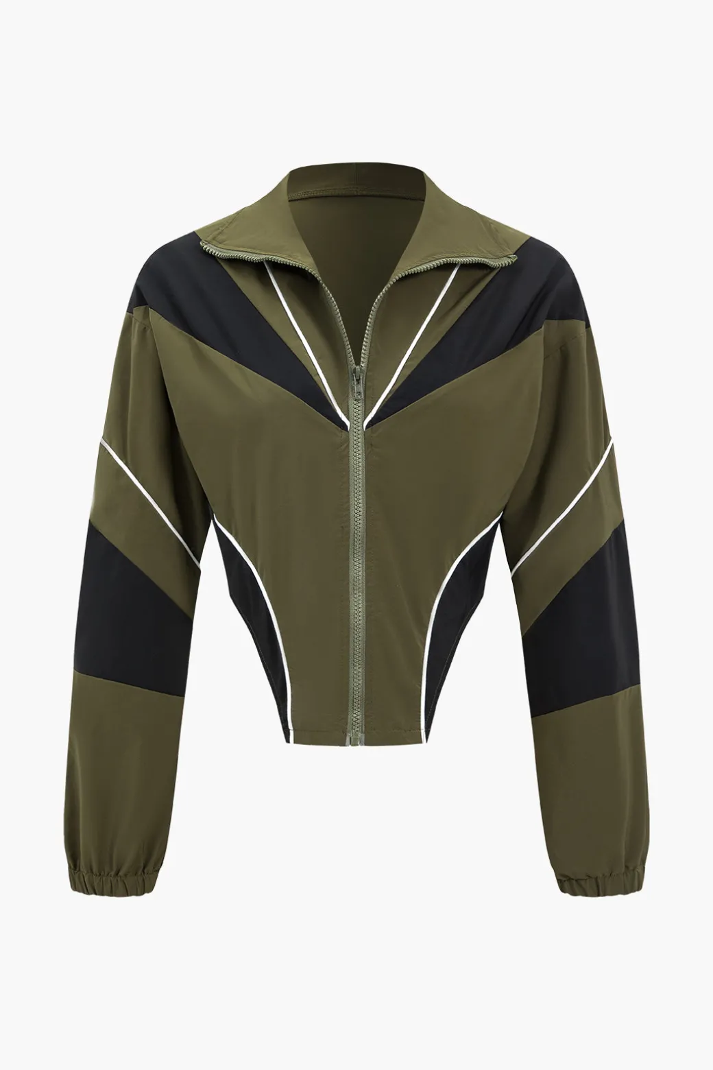 Contrast Patchwork Zipper Long-Sleeve Top And Skirt Set