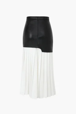 Contrast Pleated Faux Leather Midi Skirt
