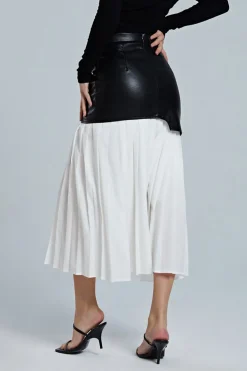 Contrast Pleated Faux Leather Midi Skirt