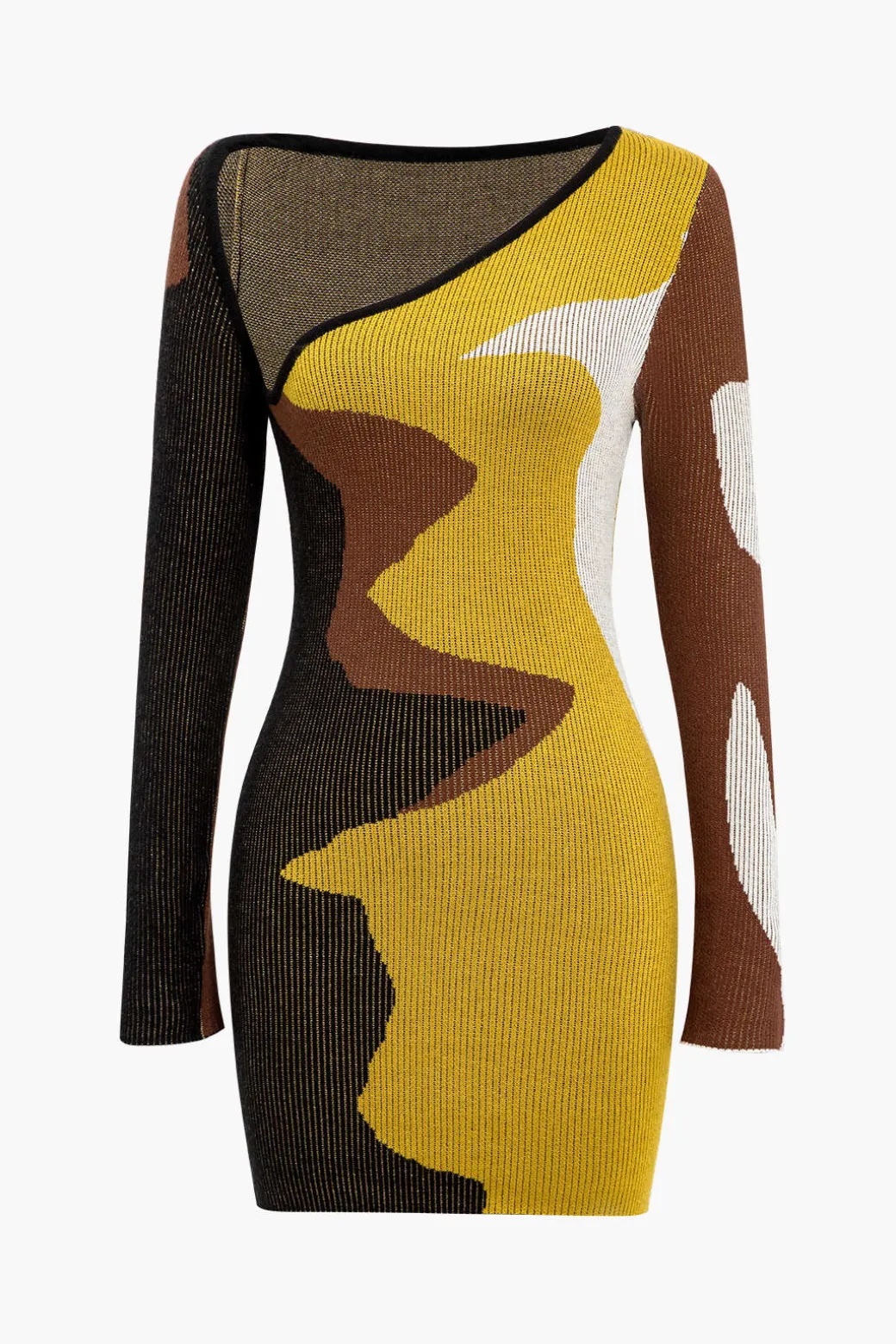 Contrast Print Sweater Asymmetrical Long Sleeve Dress