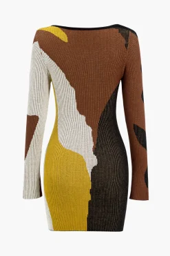 Contrast Print Sweater Asymmetrical Long Sleeve Dress