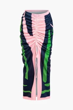 Contrast Ruched Slit Skirt Set
