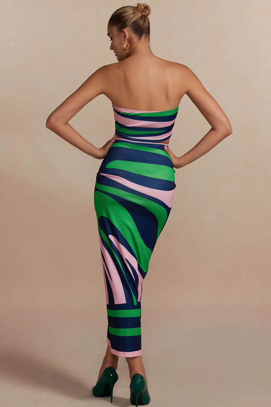 Contrast Ruched Slit Skirt Set