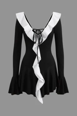 Contrast Ruffle Neck Tie Front Bell Sleeve Mini Dress