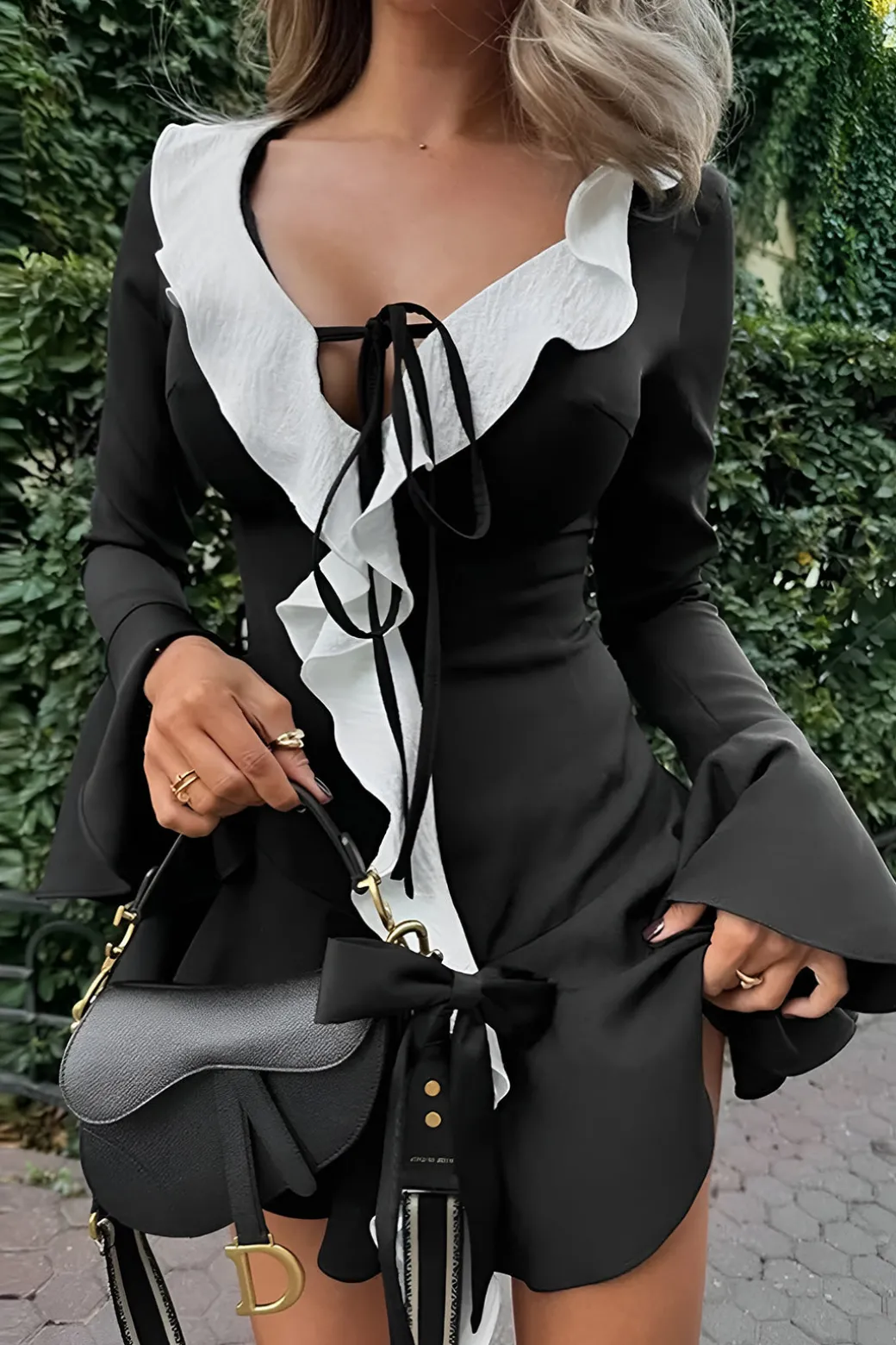 Contrast Ruffle Neck Tie Front Bell Sleeve Mini Dress
