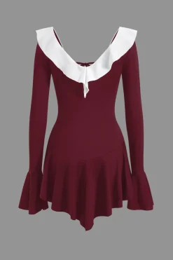 Contrast Ruffle Neck Tie Front Bell Sleeve Mini Dress