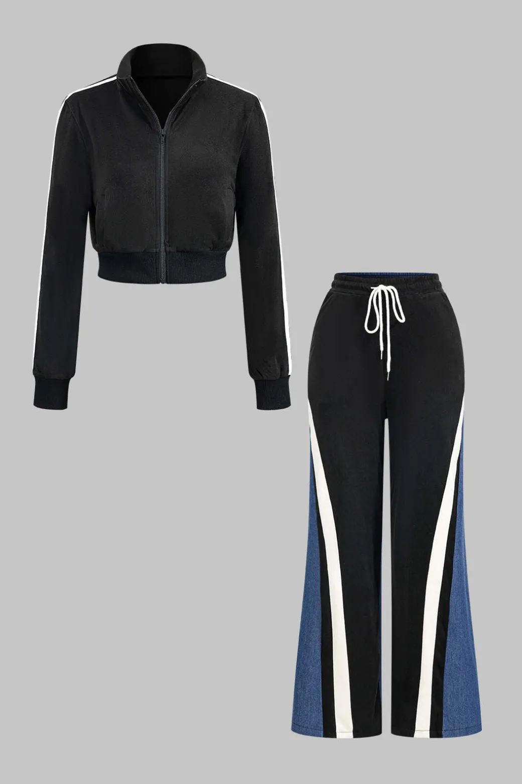 Contrast Stand Collar Zipper Jacket And Patchwork Denim Pants