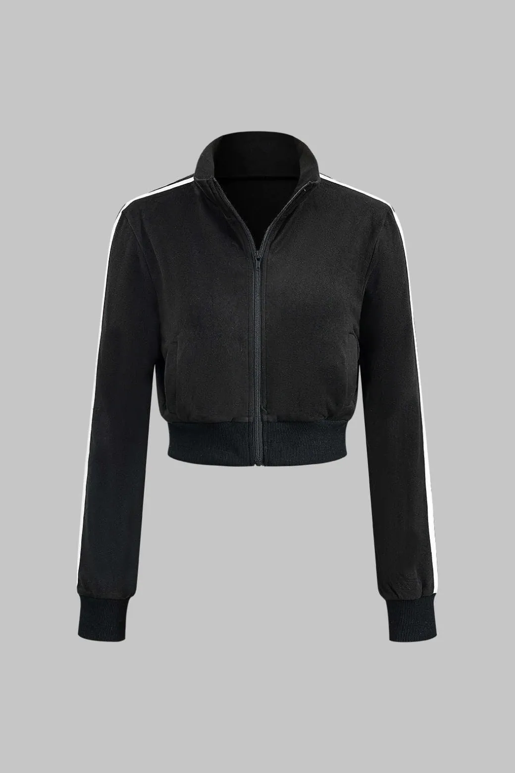 Contrast Stand Collar Zipper Jacket And Patchwork Denim Pants