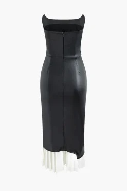 Contrast Strapless Faux Leather Pleated Midi Dress