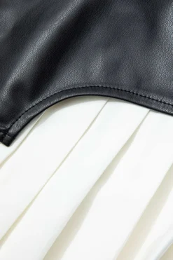 Contrast Strapless Faux Leather Pleated Midi Dress